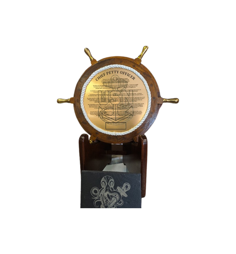 CPO CREED ON 18″ SHIPS WHEEL WITH BRASS SPOKES