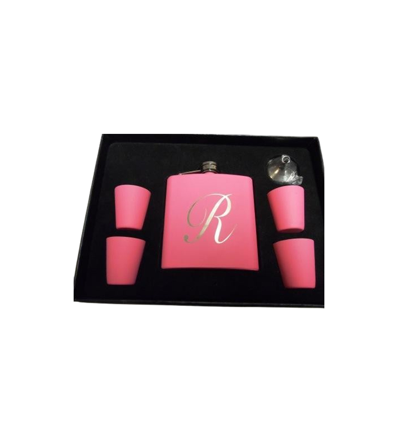 PINK FLASK SET, ENGRAVED